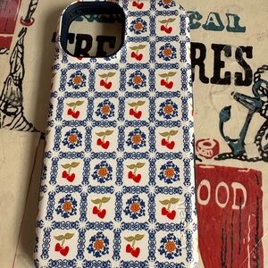 Stylish Cherry & Floral Pattern Phone Case - White/Blue iPhone 15